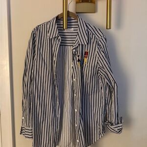 Striped navy and white button down shirt